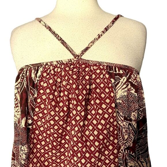 Urban Outfiters Batik Print Halter Top Generous XS Burgundy Tan Rayon NEW - Picture 2 of 6